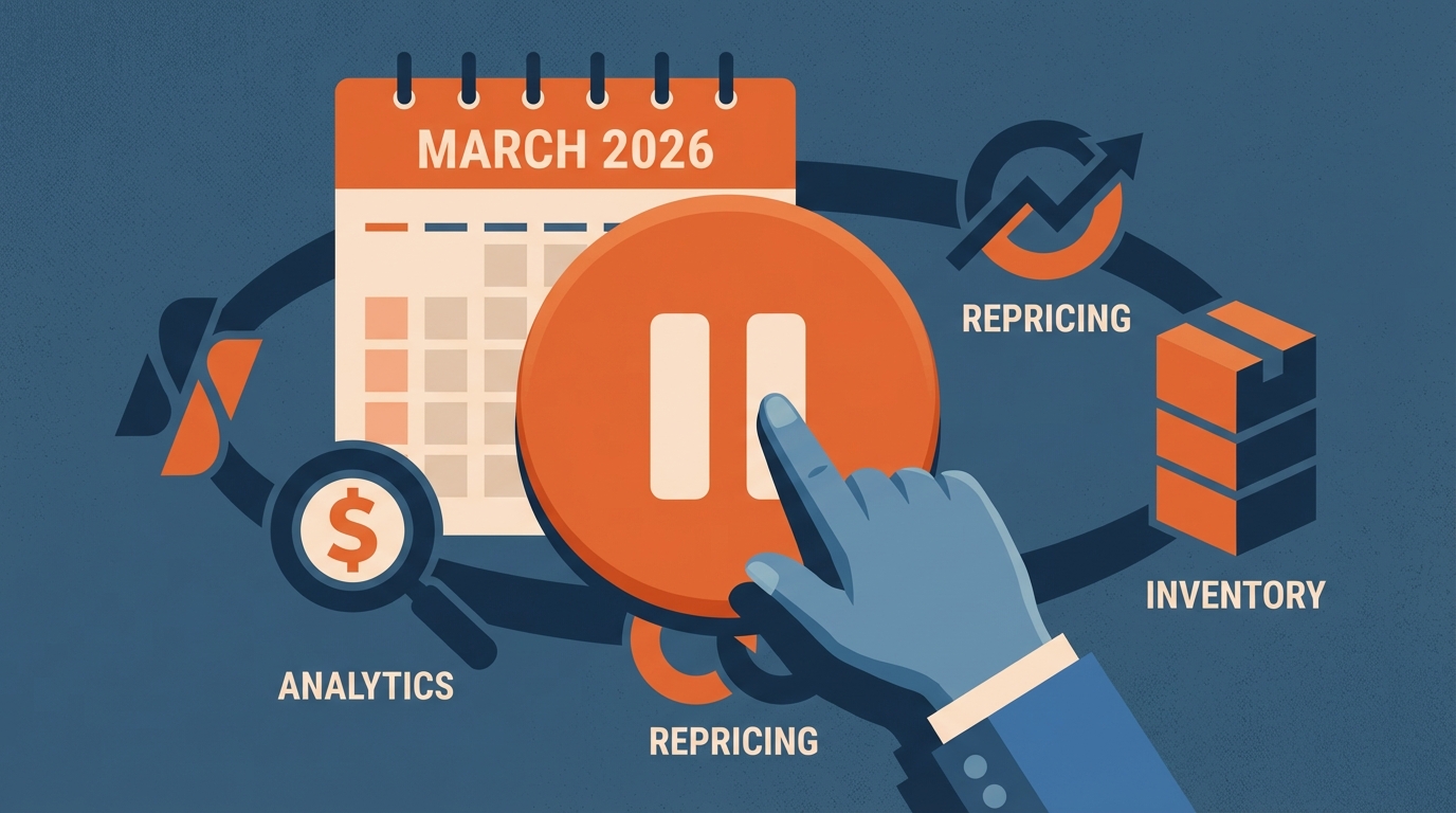 Illustration of a pause button being pressed with a March 2026 calendar and third-party seller software tools in the background