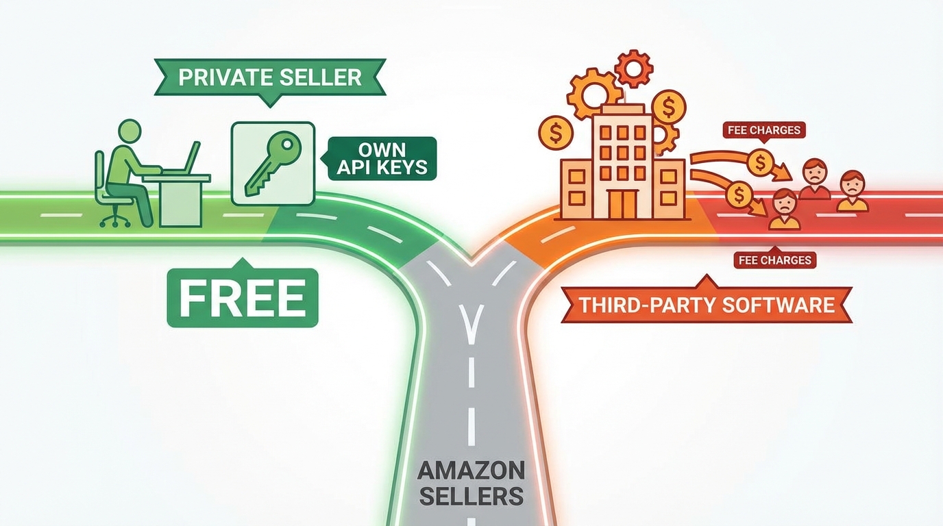 Illustration showing two diverging paths for Amazon sellers: a free private API key path and a third-party software fee path