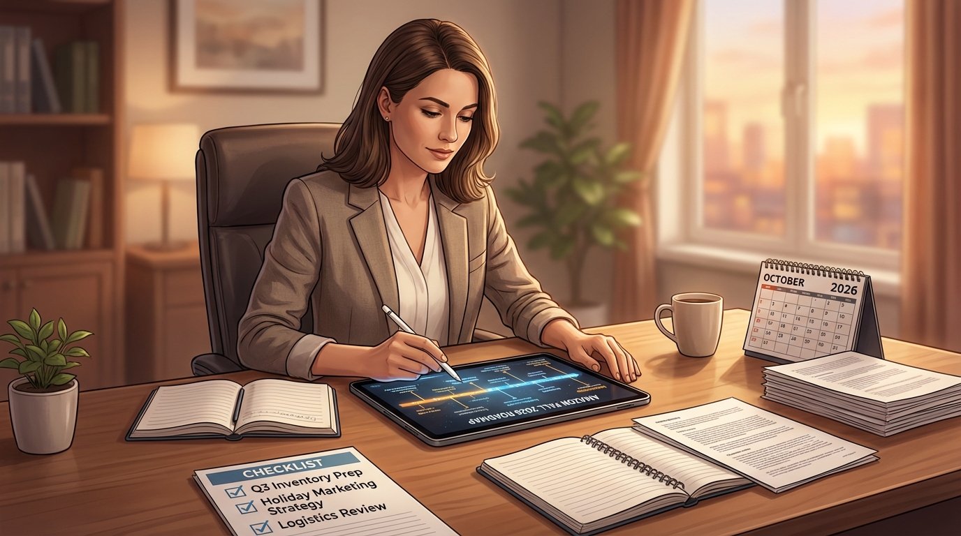 Amazon seller reviewing a fall 2026 planning roadmap at a desk with a checklist and calendar visible