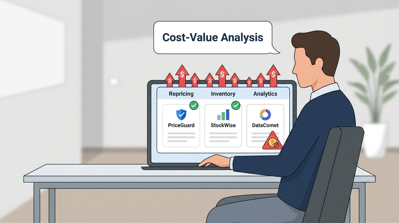 Amazon seller comparing software subscription costs on a tablet with rising price arrows and SaaS tool categories visible