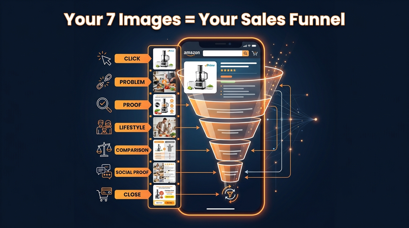 Amazon listing image stack engineered as a 7-stage sales funnel with each slot labeled by conversion purpose
