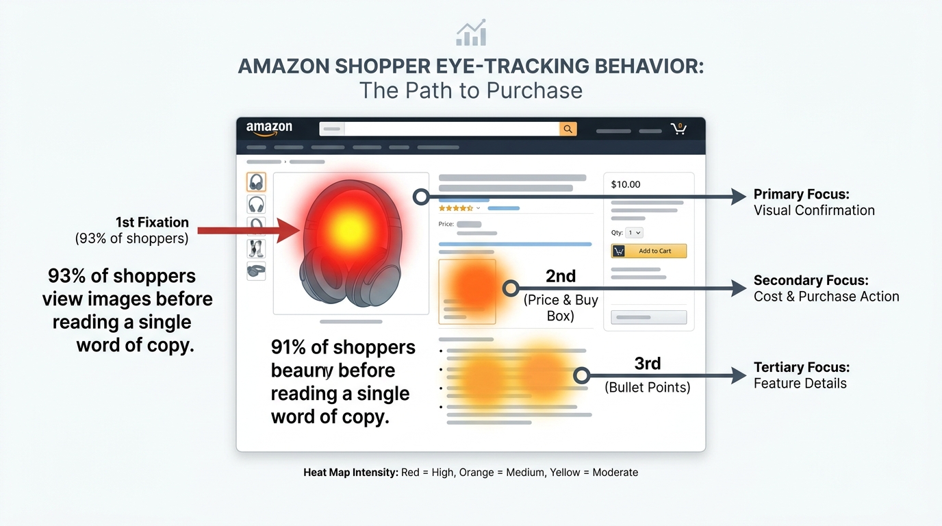 Eye-tracking heatmap showing Amazon shoppers engage with images before reading copy on product detail pages