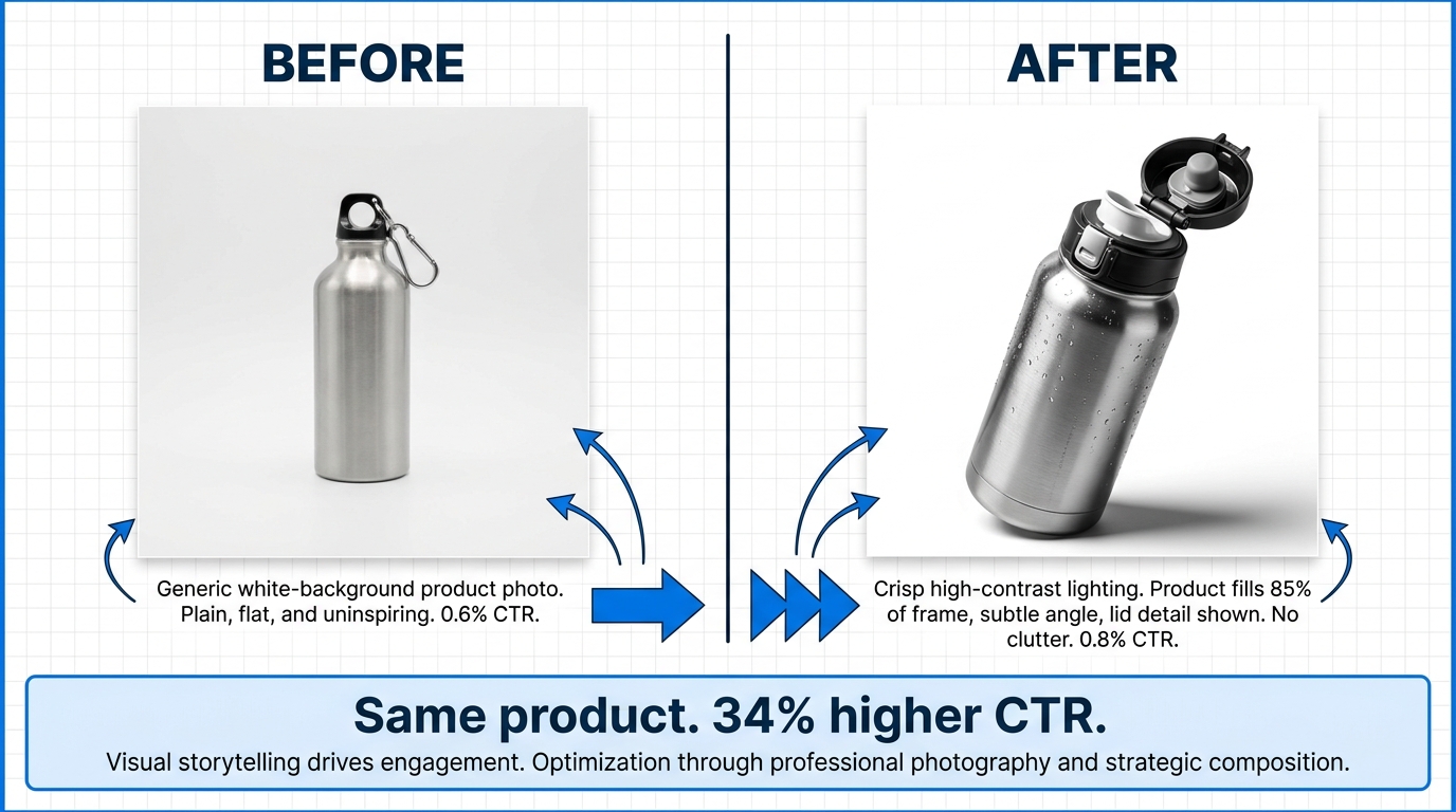 Before and after comparison of Amazon hero images showing how small visual changes drive significant CTR improvements