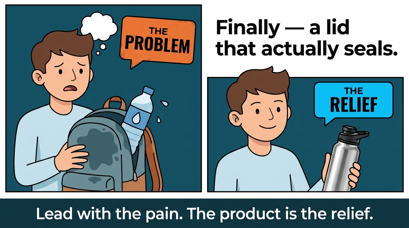 Amazon listing slot 2 problem frame image design showing before/after panels that lead with buyer pain points