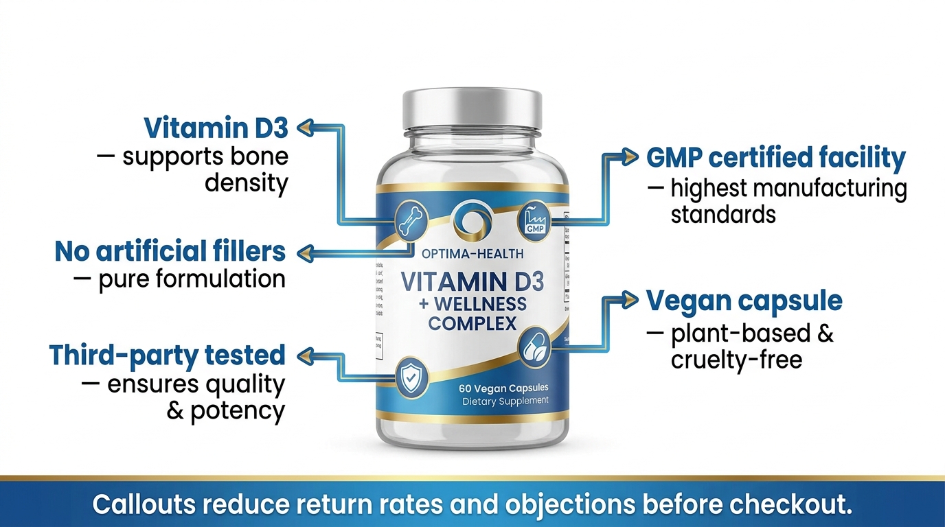 Amazon product image with feature callout lines showing ingredient benefits and certifications to build buyer trust