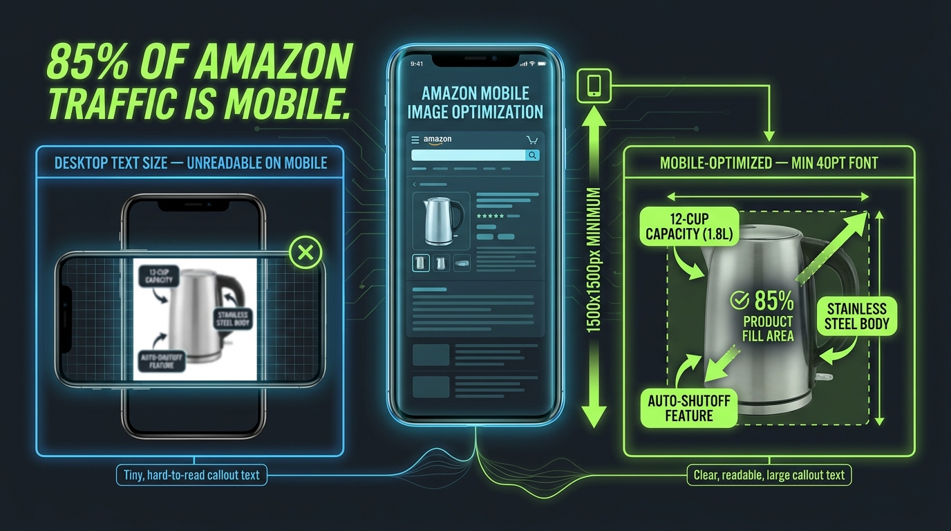 Mobile-first Amazon image design showing font size requirements and composition rules for smartphone shoppers