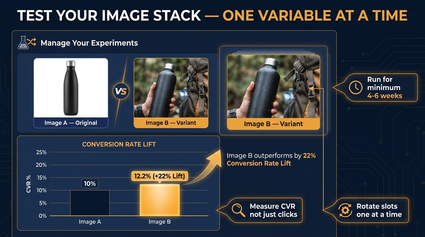 Amazon Manage Your Experiments A/B test showing image variant performance comparison with conversion rate lift data