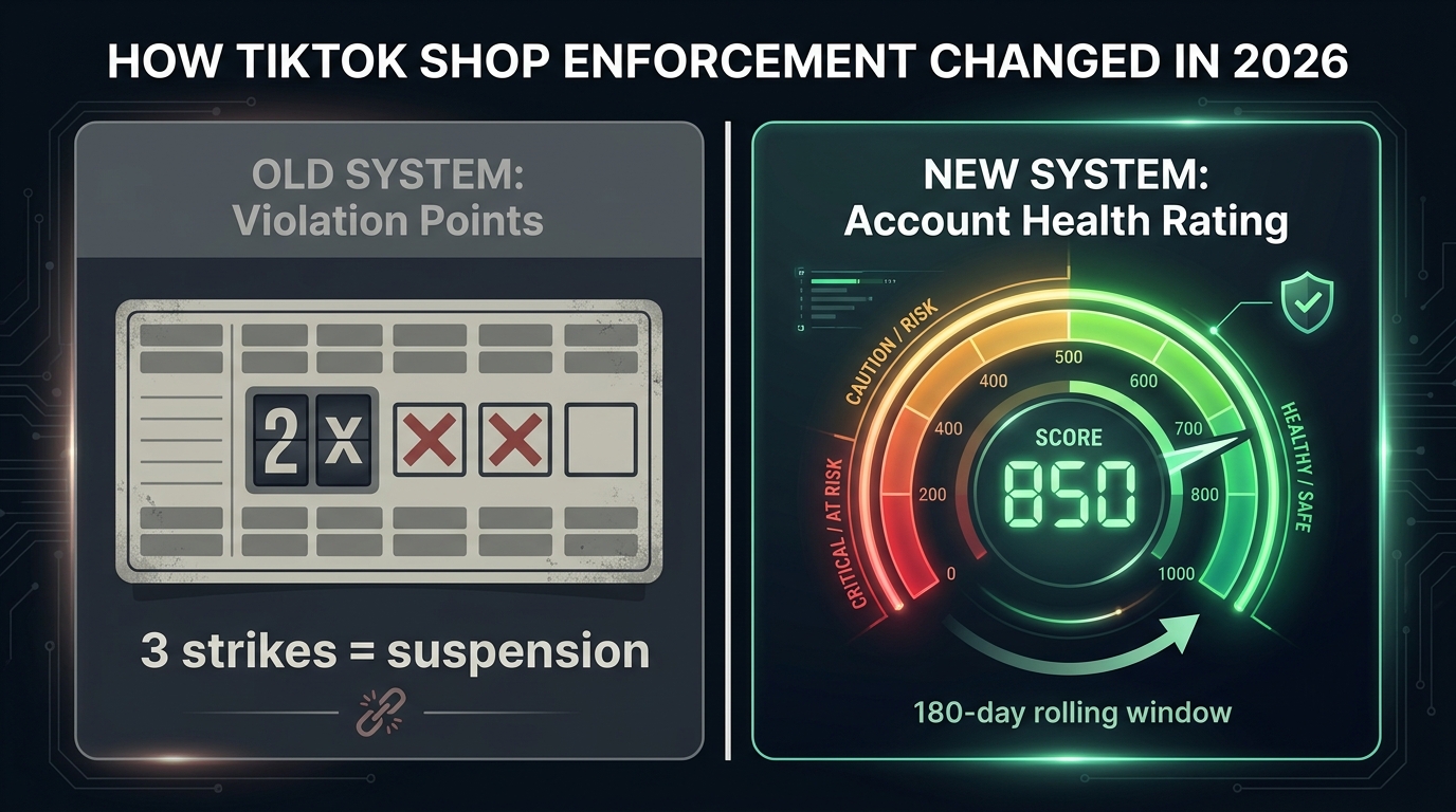Infographic comparing TikTok Shop's old Violation Points system vs new Account Health Rating system