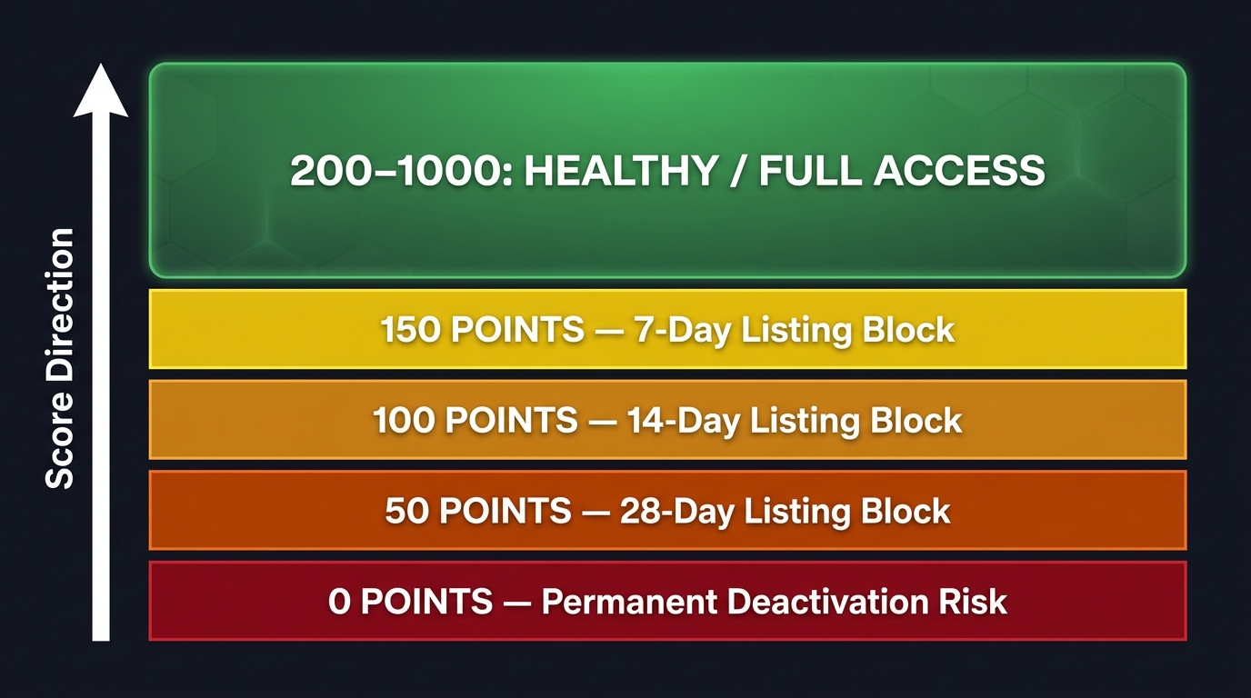 TikTok Shop AHR enforcement thresholds chart showing consequences at 150, 100, 50, and 0 points