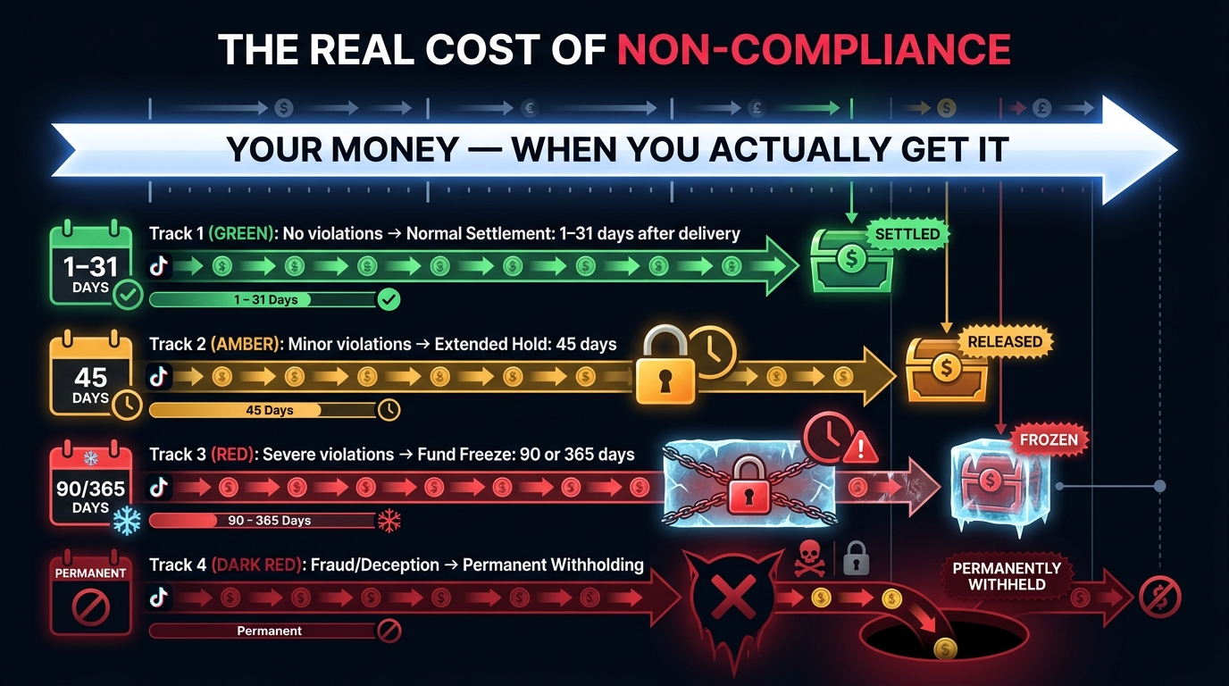 TikTok Shop fund withholding timeline showing 45, 90, and 365-day freeze periods for compliance violations