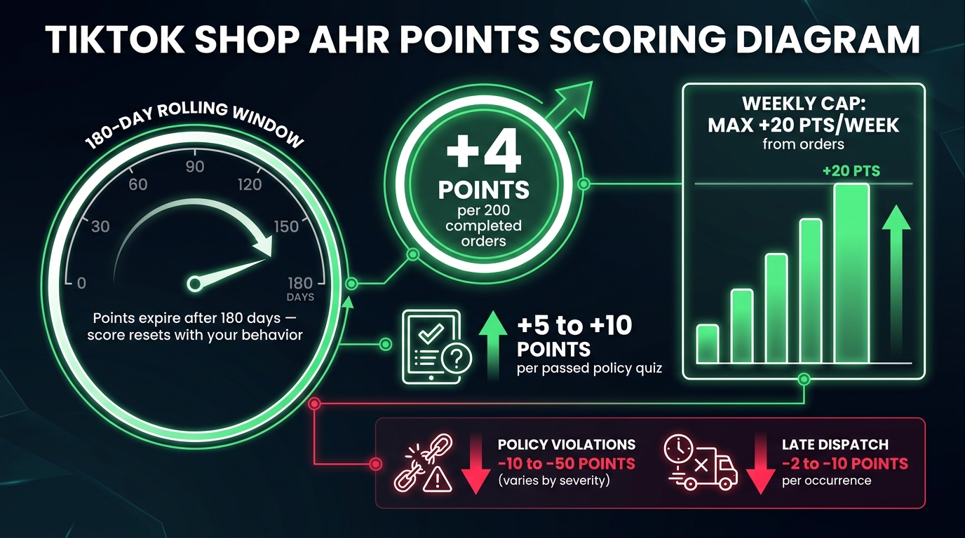 TikTok Shop AHR scoring mechanics infographic showing points earned per completed orders and policy quizzes