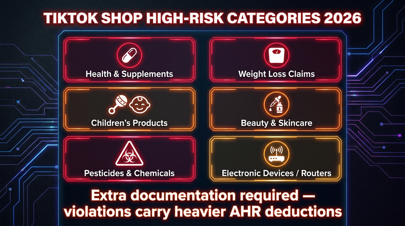 TikTok Shop high-risk categories warning board showing health supplements, weight loss, children's products, beauty, pesticides, and electronics
