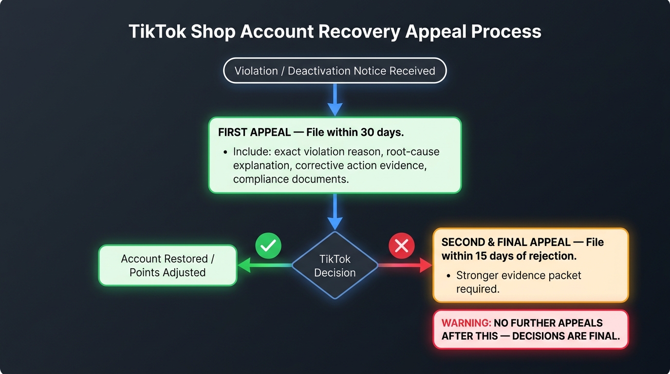 TikTok Shop account recovery appeal process flowchart showing two-attempt window with 30-day and 15-day deadlines