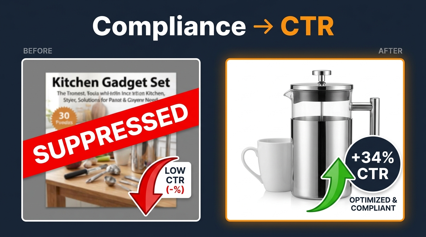 Amazon image compliance versus CTR: split-screen showing suppressed listing versus optimized listing with +34% CTR result