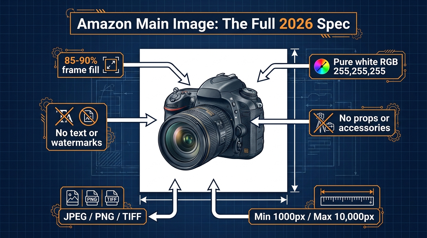 Amazon main image 2026 technical specification diagram with labeled callout arrows showing all compliance requirements