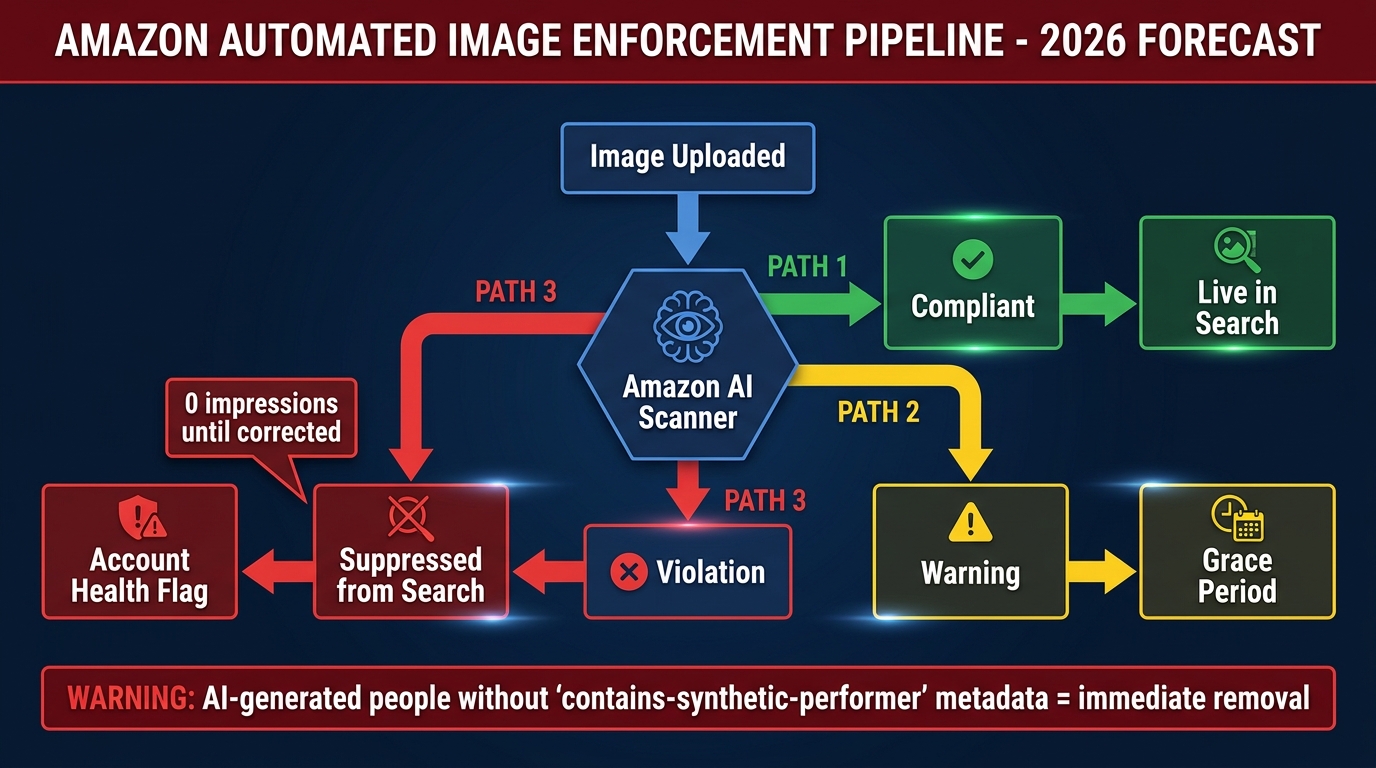 Amazon image enforcement pipeline flowchart showing compliant versus suppressed listing paths and account health consequences