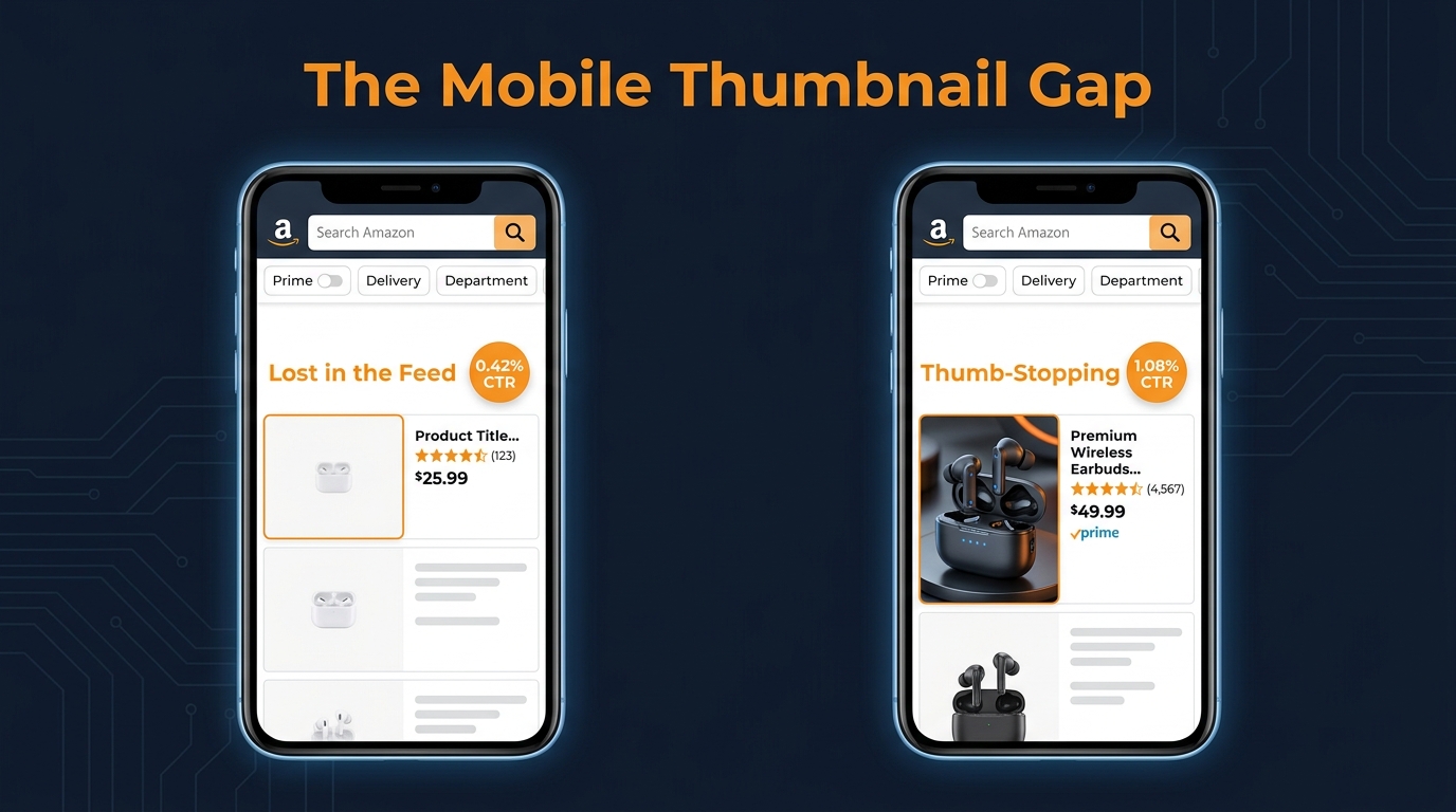 Side-by-side mobile phone comparison showing low-CTR versus high-CTR Amazon product thumbnail performance on smartphone screens
