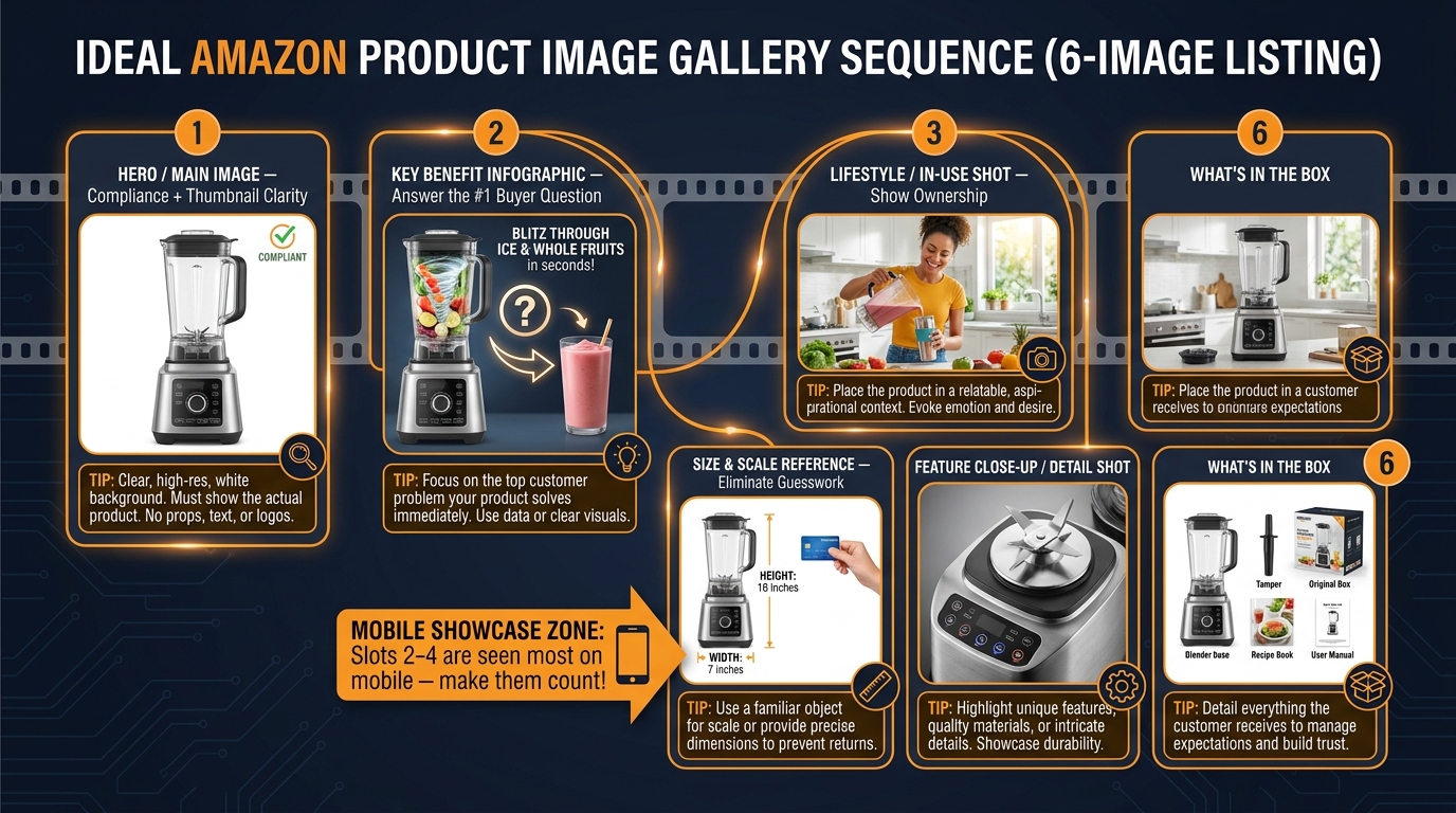 Amazon secondary image gallery sequence diagram showing the ideal 6-slot image architecture for maximum conversion