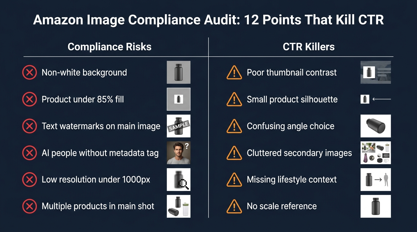 Amazon image compliance audit checklist showing 12 compliance risks and CTR killers that suppress listings and reduce click-through rates
