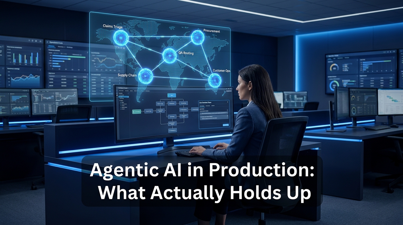 Agentic AI operations control room with interconnected AI agent nodes for Claims Triage, Procurement, QA Routing, Customer Ops, and Supply Chain
