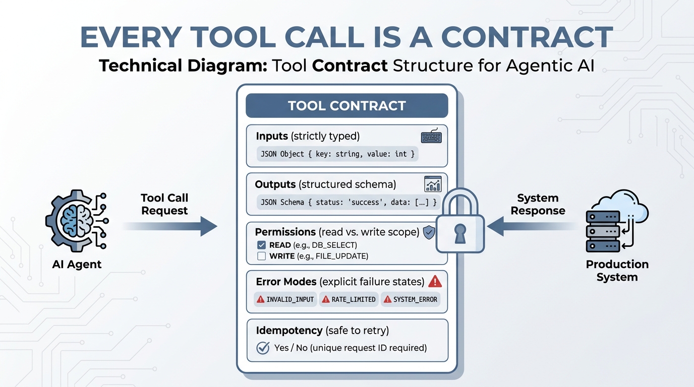Tool Contract structure for agentic AI showing typed inputs, structured outputs, permissions, error modes, and idempotency requirements