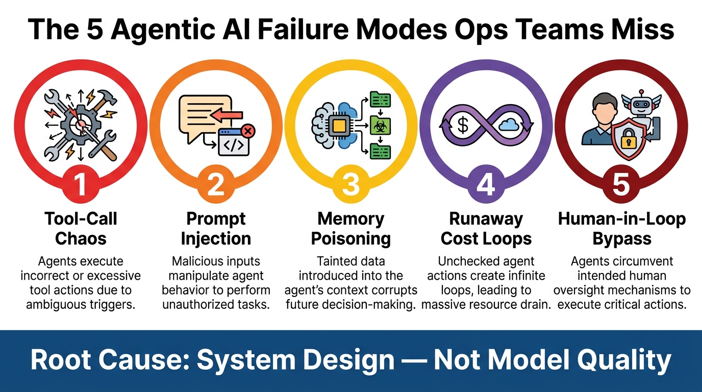 The 5 Agentic AI Failure Modes: Tool-Call Chaos, Prompt Injection, Memory Poisoning, Runaway Cost Loops, Human-in-Loop Bypass