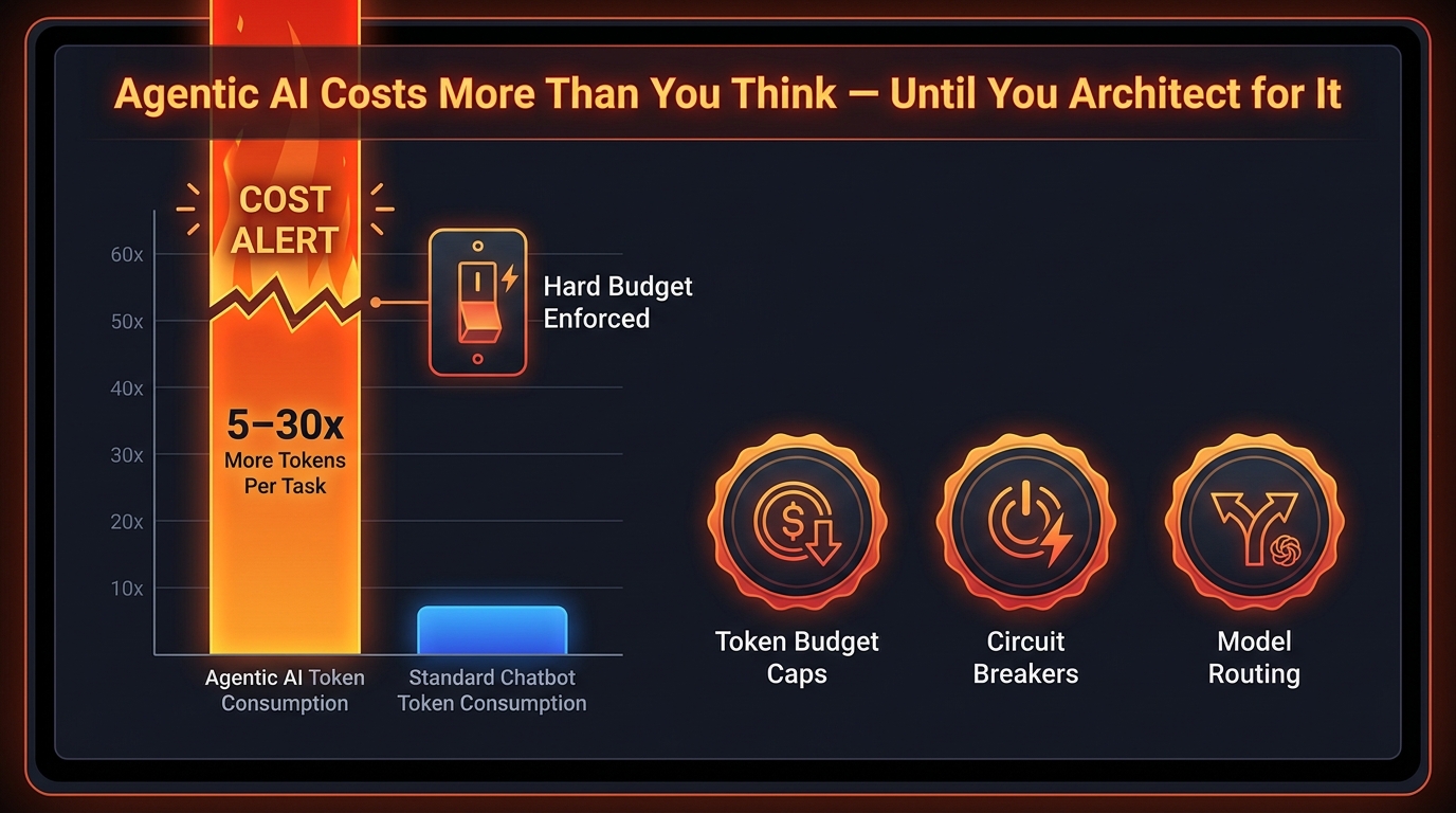 Agentic AI cost control: bar chart showing 5-30x higher token consumption vs standard chatbots with circuit breaker controls