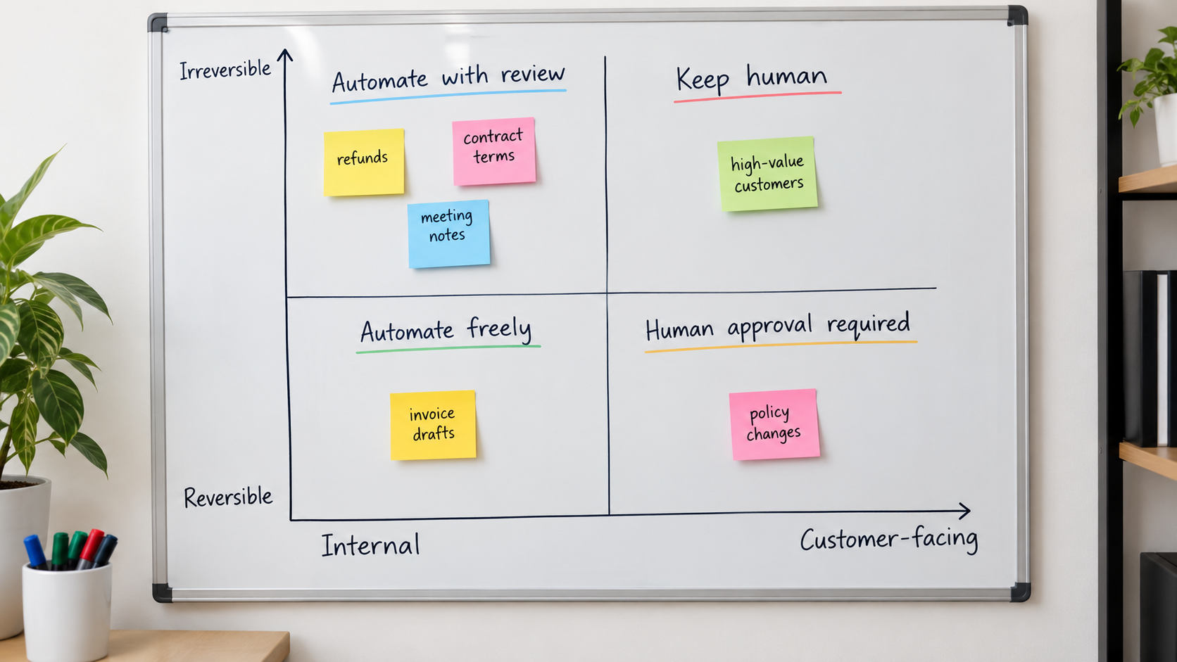 Whiteboard 2x2 matrix mapping tasks by internal versus customer-facing and reversible versus irreversible