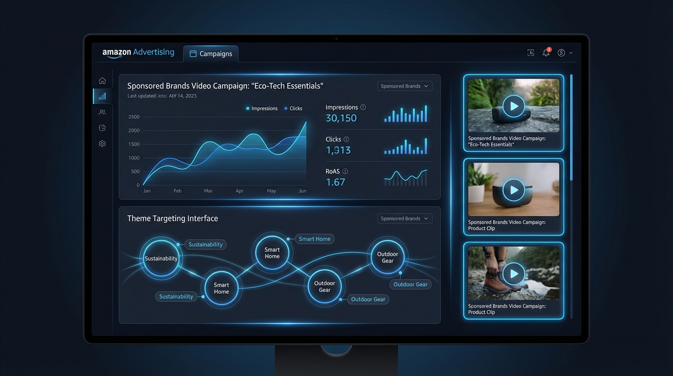 Amazon Sponsored Brands Video campaign dashboard showing theme targeting interface with analytics panels and keyword clusters