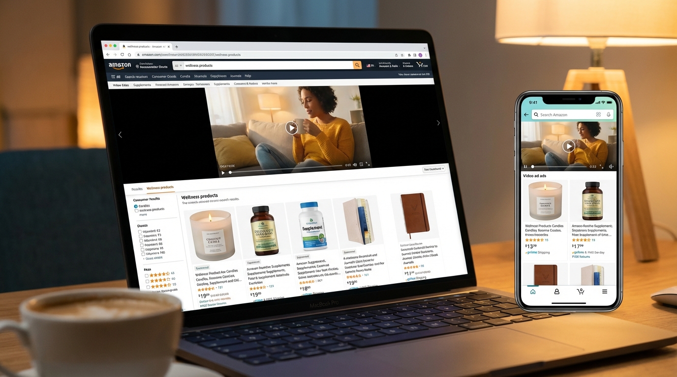Amazon search results page showing a Sponsored Brands video ad auto-playing at the top of search results on desktop and mobile