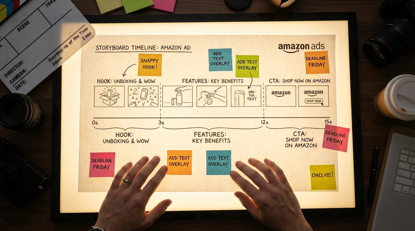 Video production storyboard for a 15-second Amazon Sponsored Brands Video ad showing three-act structure with hook, features, and call to action