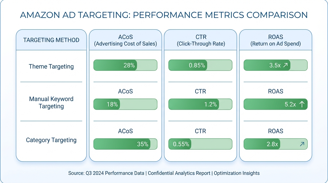 Comparison of Amazon ad targeting methods showing Theme Targeting, Manual Keyword Targeting, and Category Targeting with performance metrics
