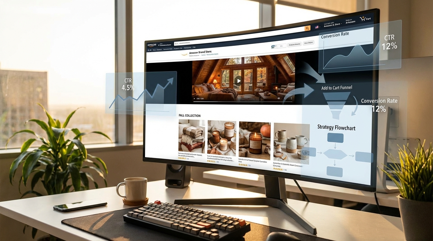 Amazon Brand Store landing page on a large monitor showing lifestyle brand experience with video hero banner and conversion analytics overlay
