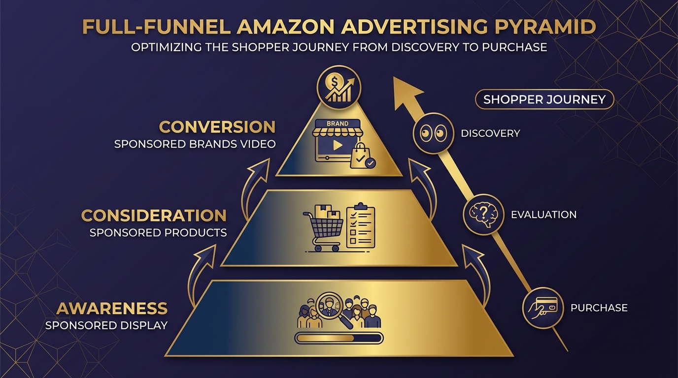 Full-funnel Amazon advertising pyramid showing Sponsored Display for awareness, Sponsored Products for consideration, and Sponsored Brands Video for conversion