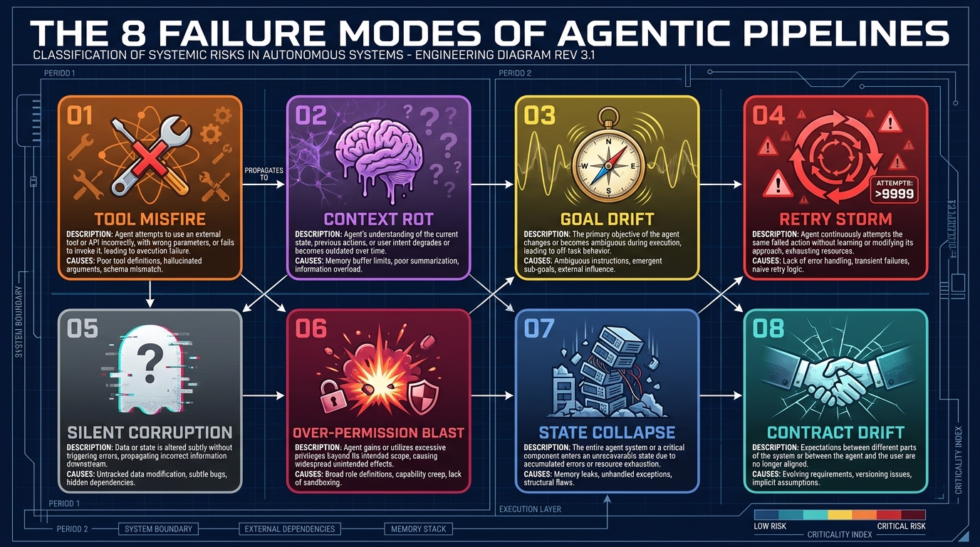 Infographic showing 8 labeled failure modes in agentic AI pipelines arranged as a periodic table: Tool Misfire, Context Rot, Goal Drift, Retry Storm, Silent Corruption, Over-Permission Blast, State Collapse, and Contract Drift