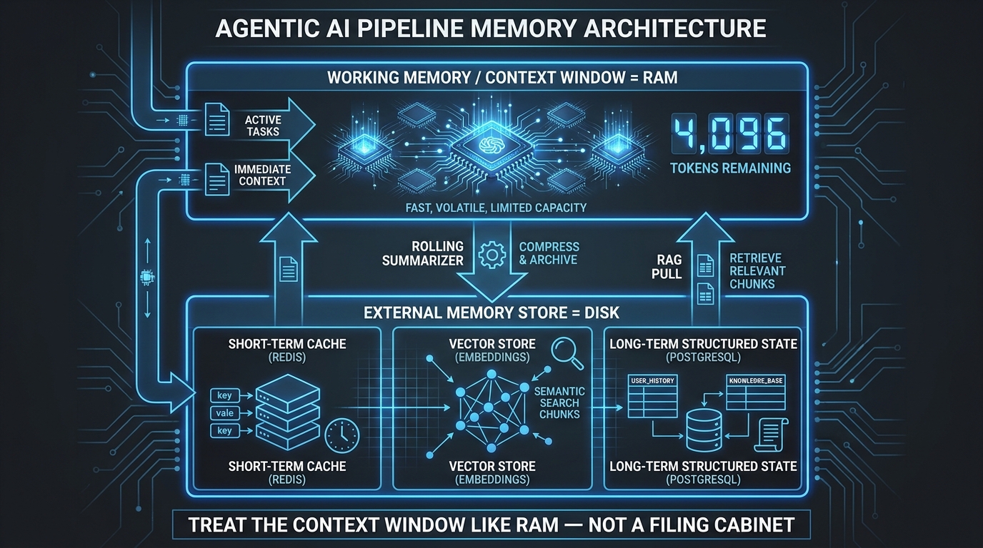 Technical architecture diagram of a two-tier memory system for agentic pipelines — context window as RAM, external structured memory with Redis, vector store, and PostgreSQL, with rolling summarizer and RAG retrieval arrows