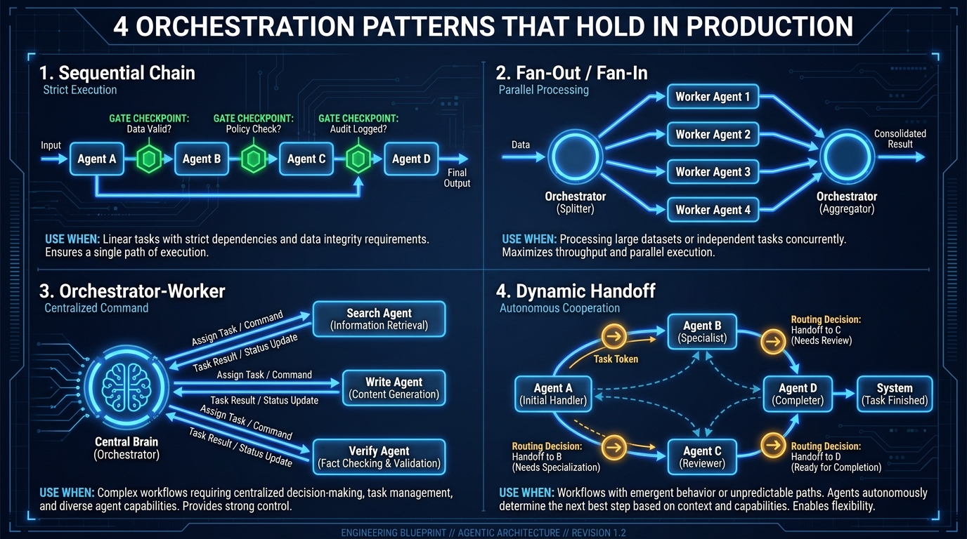 Engineering diagram showing four agentic pipeline orchestration patterns: Sequential Chain with gate checkpoints, Fan-Out/Fan-In with parallel workers, Orchestrator-Worker with specialist agents, and Dynamic Handoff with routing decisions