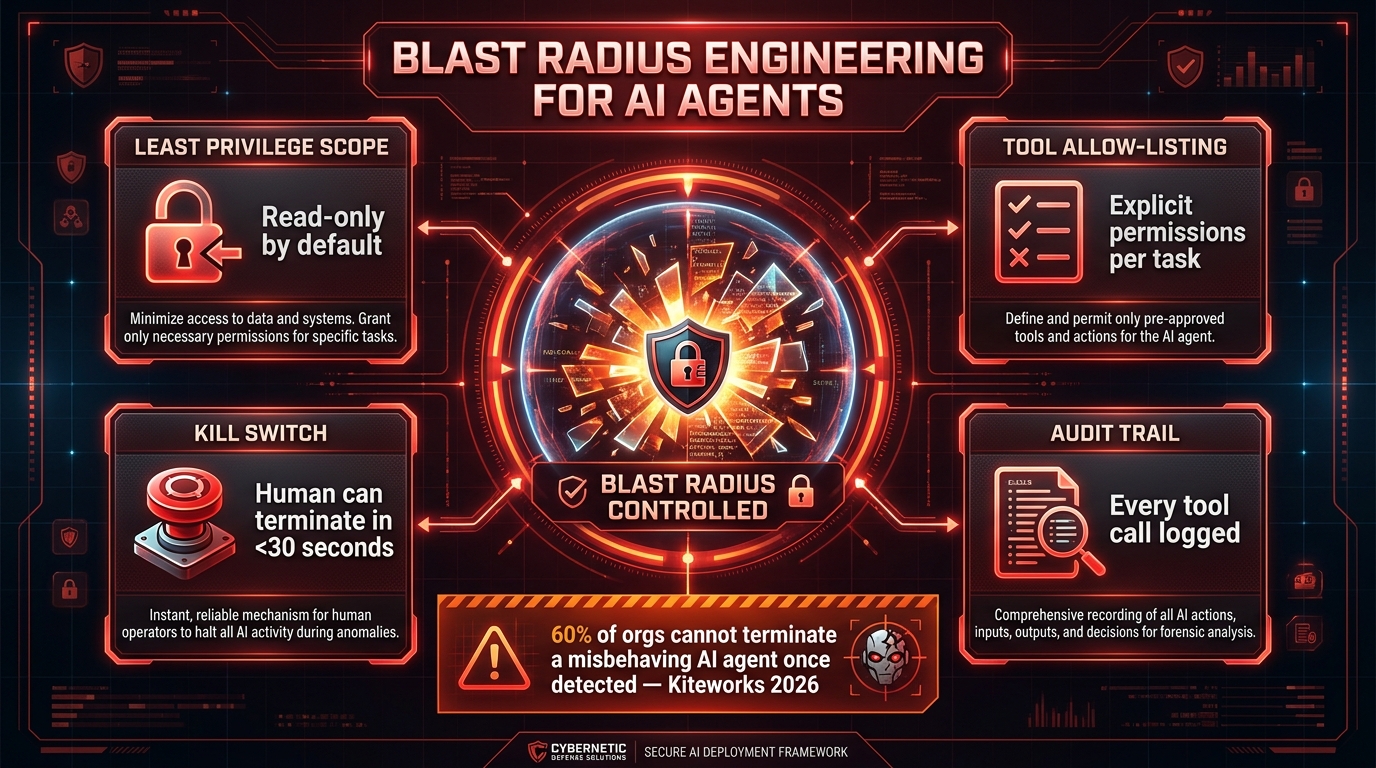 Security infographic showing blast radius engineering for AI agents: Least Privilege Scope, Tool Allow-listing, Kill Switch, and Audit Trail principles — with stat that 60% of orgs cannot terminate a misbehaving AI agent