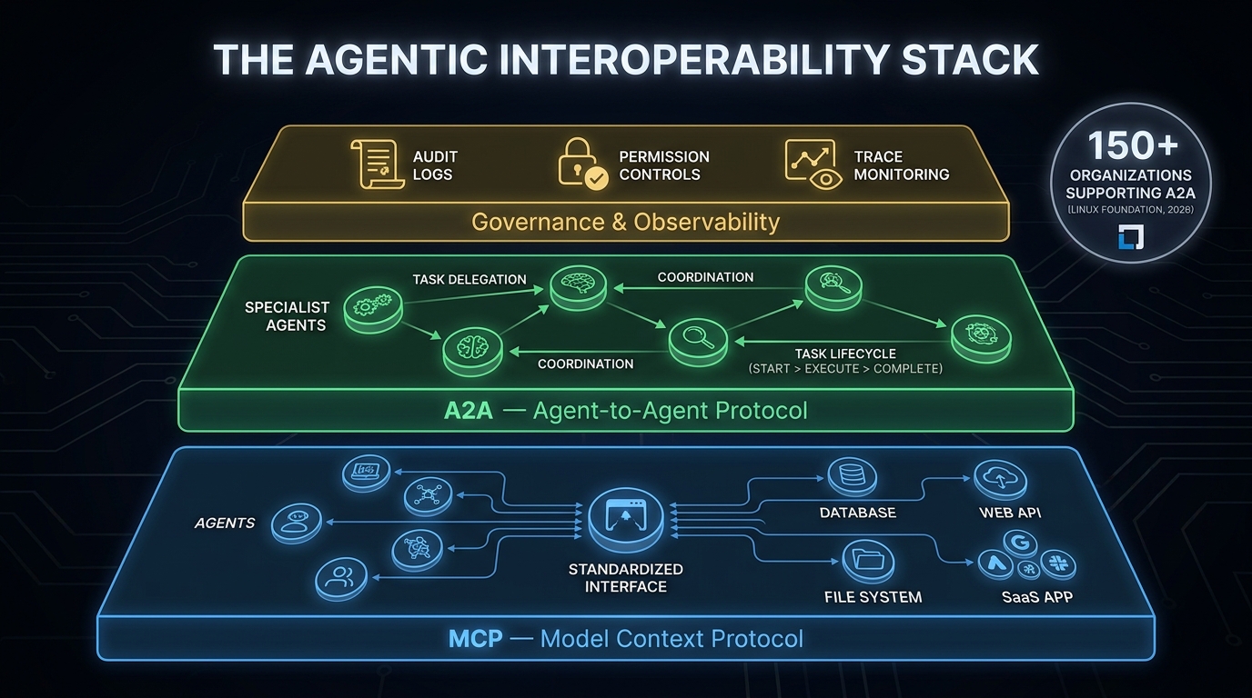 Layered diagram of the agentic interoperability stack: MCP (Model Context Protocol) for agent-to-tool connections at the base, A2A (Agent-to-Agent Protocol) for multi-agent coordination in the middle, and Governance and Observability layer at the top