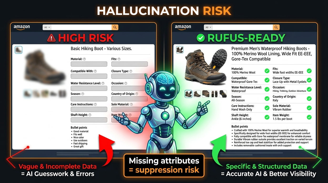 Comparison of high-risk sparse listing vs Rufus-ready complete listing showing suppression risk from missing attributes