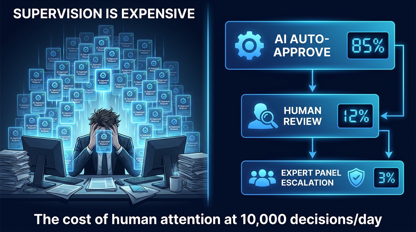 Split-screen infographic: human reviewer overwhelmed by AI approval requests on the left vs. a clean three-tier oversight architecture on the right — illustrating the core challenge of scaling human-in-the-loop supervision