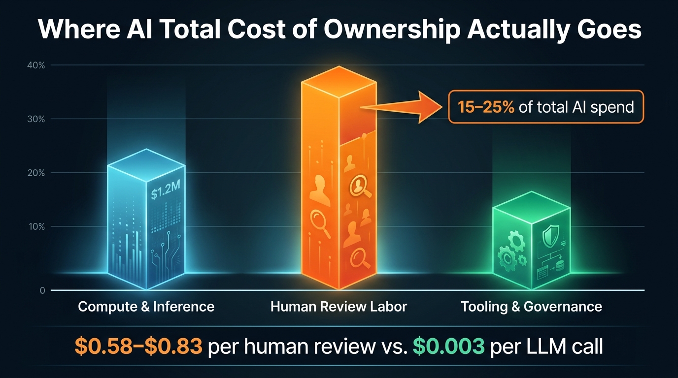 Bar chart infographic showing where AI total cost of ownership actually goes — human review labor as the tallest bar at 15–25% of spend, with the $0.58–$0.83 per human review vs. $0.003 per LLM call comparison highlighted