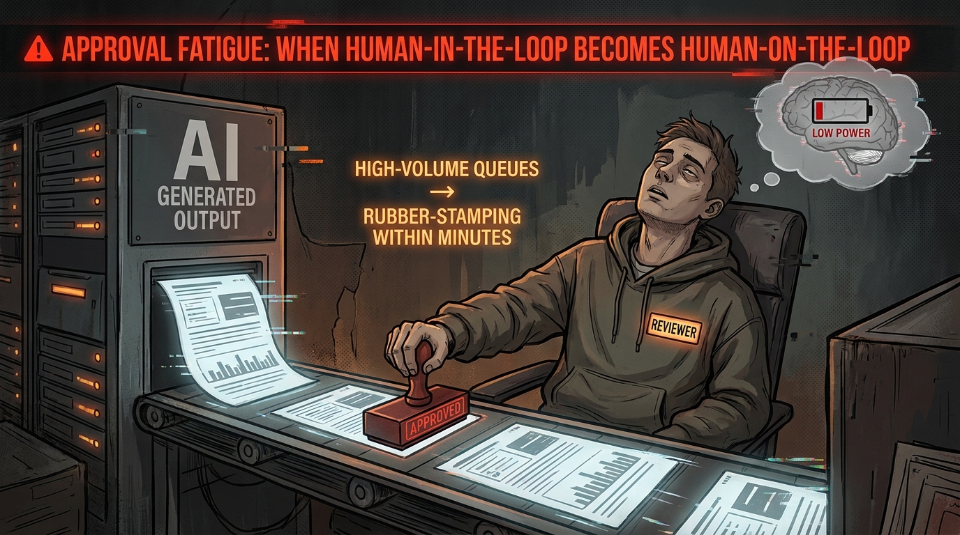 Illustration of automation bias: a fatigued human reviewer rubber-stamping AI outputs on a conveyor belt without reading them, with the warning 'When Human-in-the-Loop Becomes Human-on-the-Loop'
