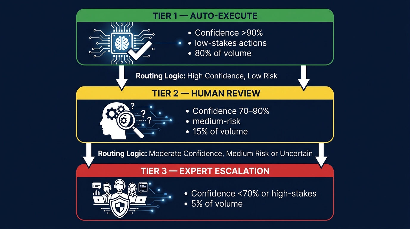 Three-tier risk stratification architecture diagram: Tier 1 auto-execute at 80% volume in green, Tier 2 human review at 15% in yellow, Tier 3 expert escalation at 5% in red — the foundational model for scalable AI oversight