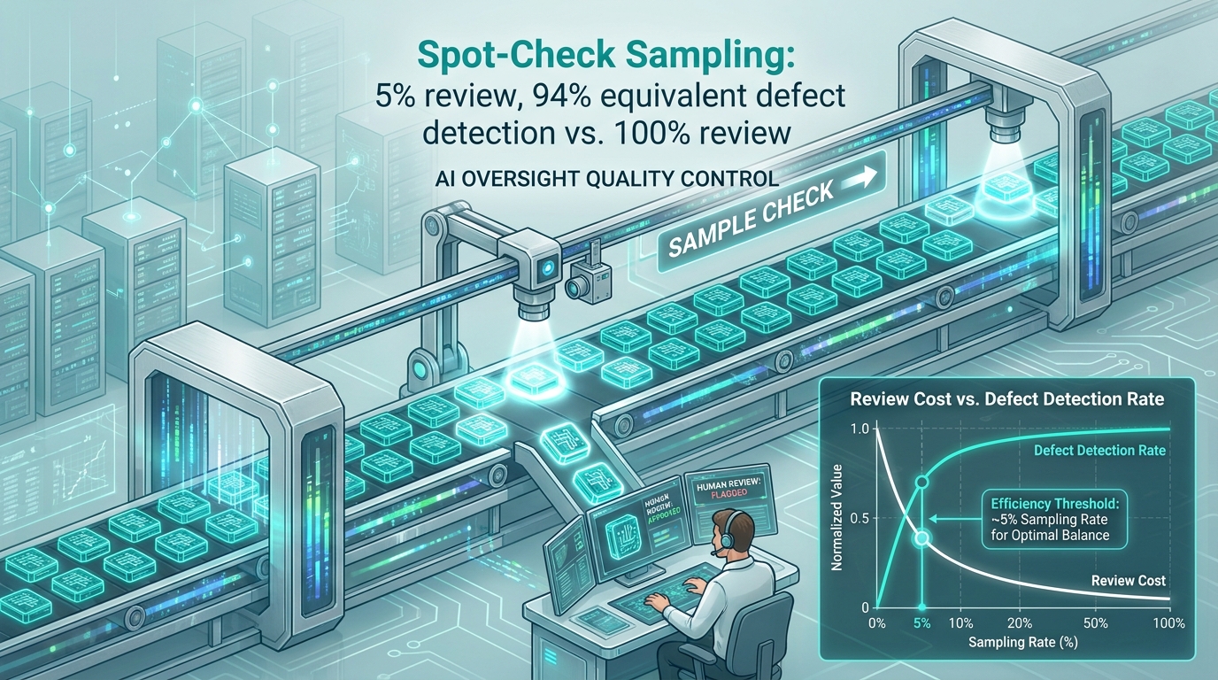 Statistical quality control sampling visualization: AI decisions on a production line with spot-check spotlights at 5% intervals — showing targeted sampling achieves 94% equivalent defect detection at a fraction of the review cost
