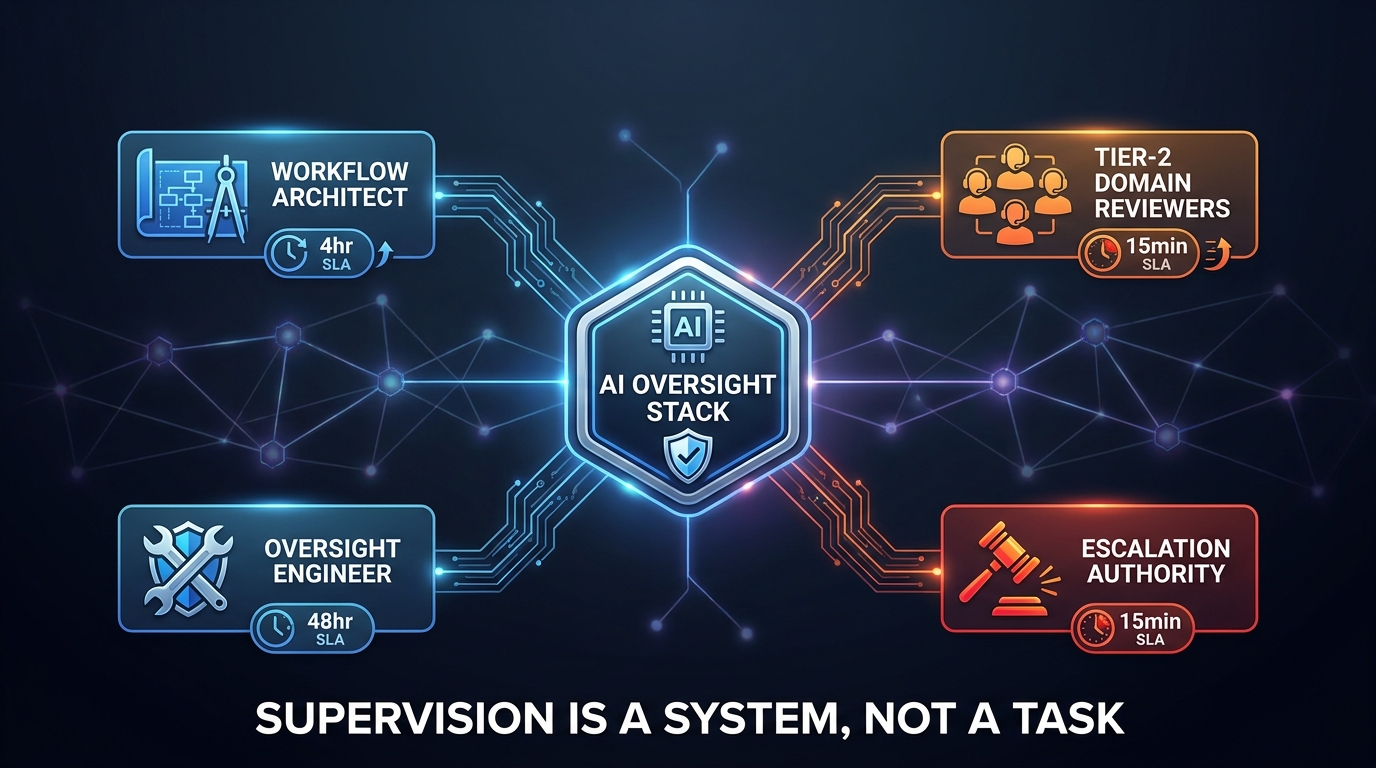 Organizational chart of the specialized HITL oversight team: Workflow Architect, Tier-2 Domain Reviewers, Oversight Engineer, and Escalation Authority with SLA badges — showing supervision as a structured system, not an ad-hoc task