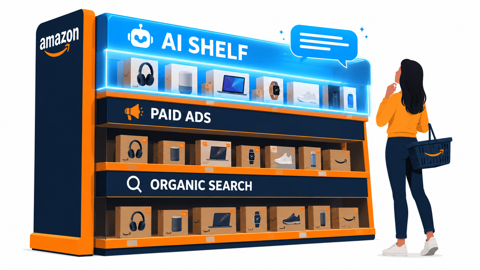 Illustration of an Amazon store aisle with three shelves labeled Organic Search, Paid Ads, and AI Shelf, with a shopper looking up at the glowing AI shelf