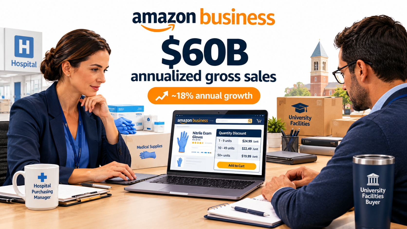 Procurement buyers ordering bulk supplies on Amazon Business with a tiered quantity discount table and $60B annualized gross sales callout