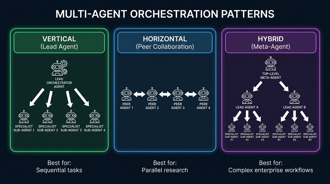 Multi-agent orchestration patterns: vertical, horizontal, and hybrid architecture diagrams