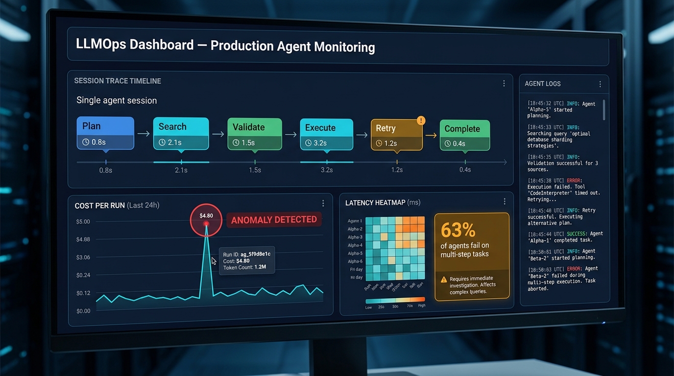 LLMOps production monitoring dashboard for agentic AI — session traces, cost anomalies, latency heatmaps